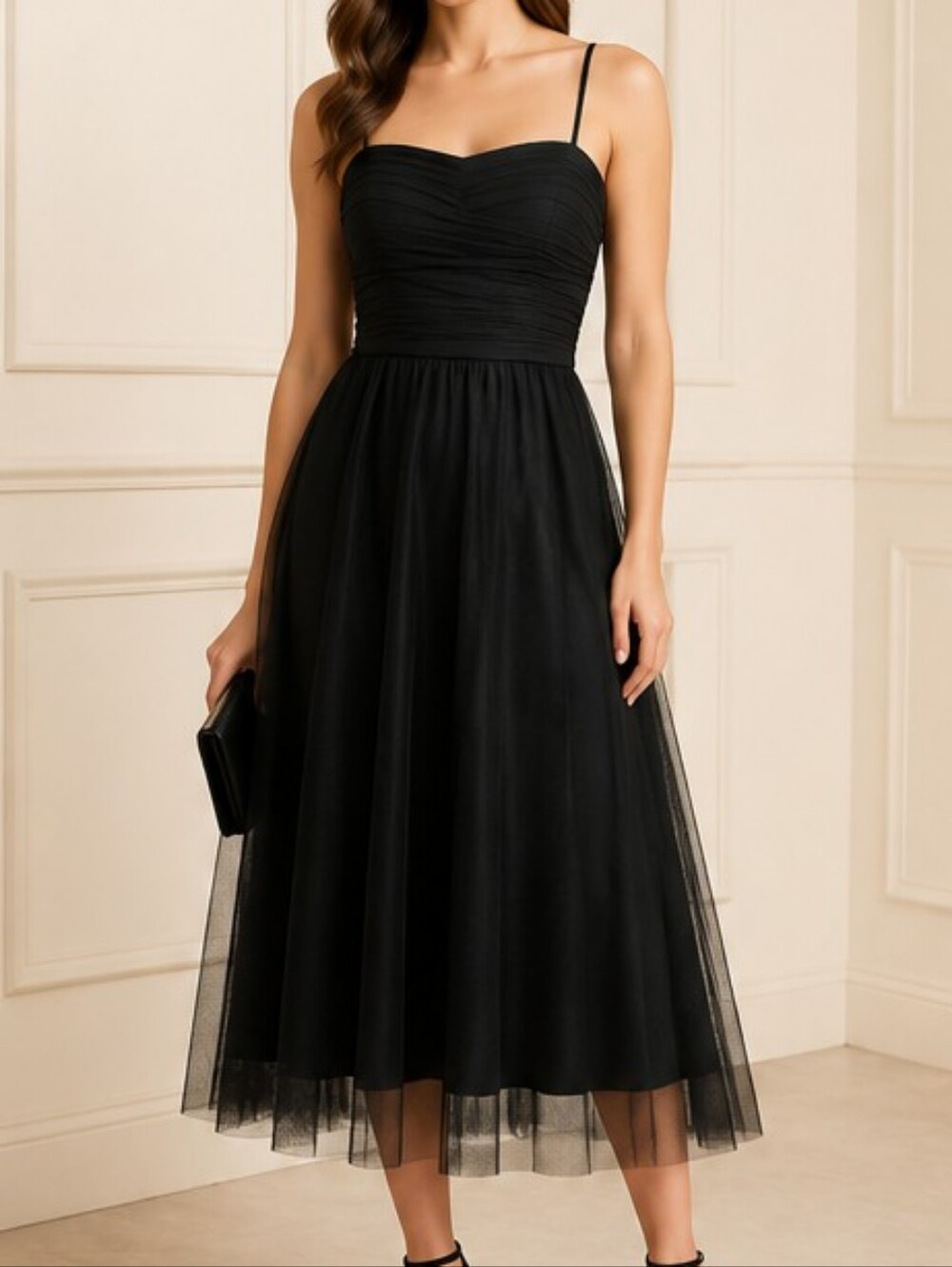 Eliza J Black Tulle Midi Dress Size 10 | Ruched Bodice | Wedding Guest